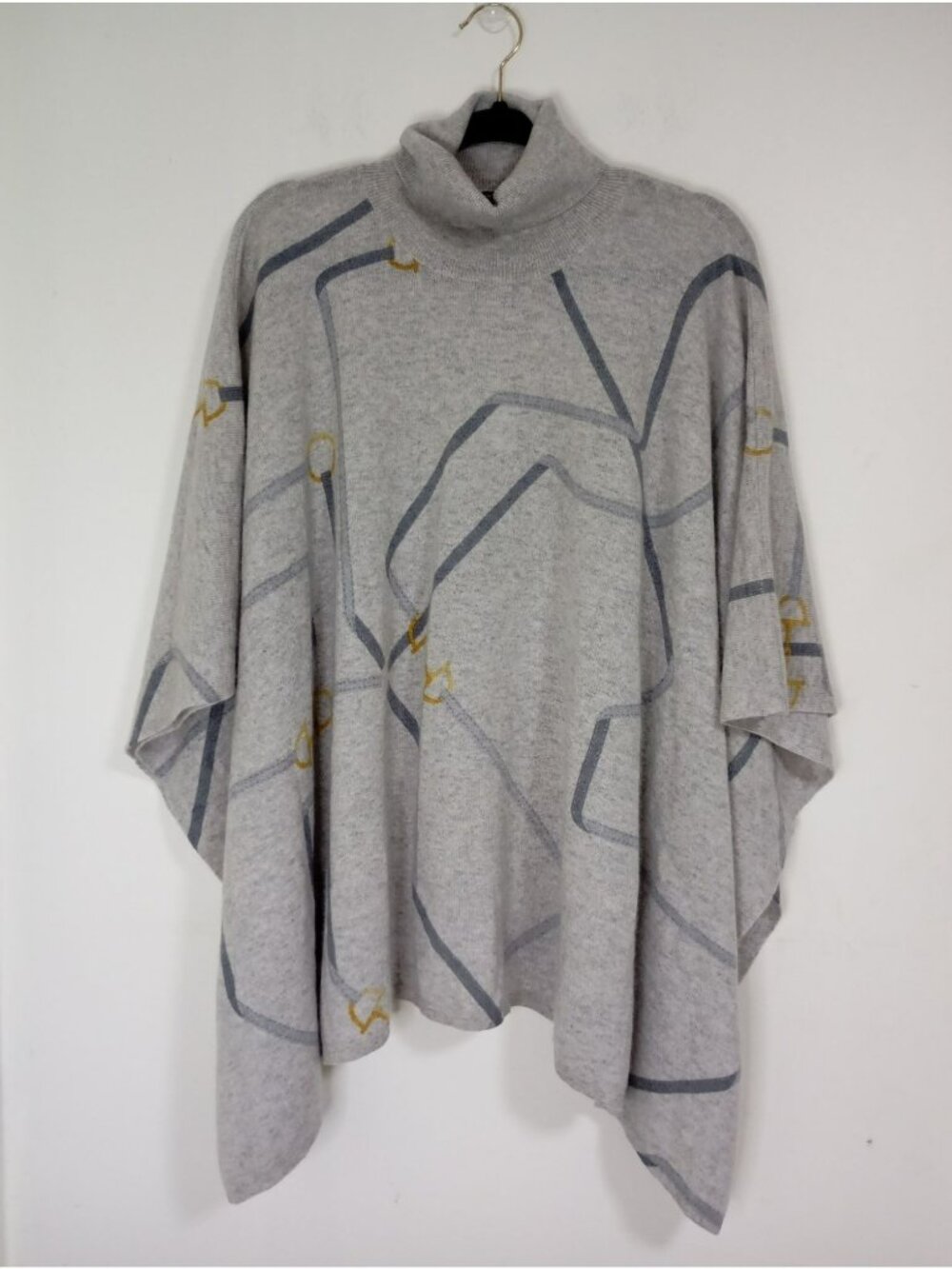J.McLaughlin Noelle Poncho Light Grey/Charcoal 100% Cashmere OS Geometric Print